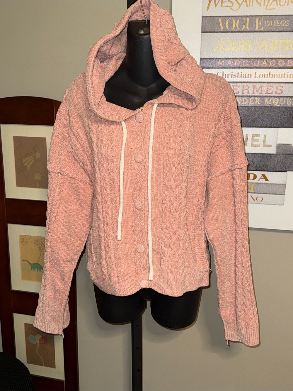 POL Cozy  Hooded Cable-Knit Sweater Hoodie Jacket - Pink